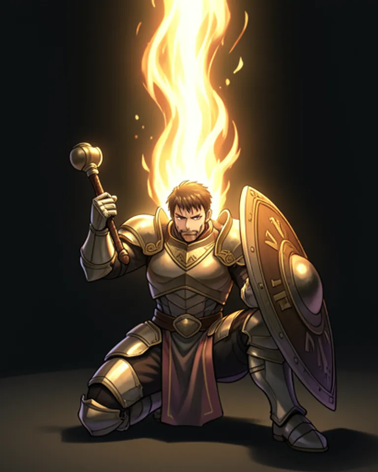 Portrait of Armoured cleric casts holy pillar