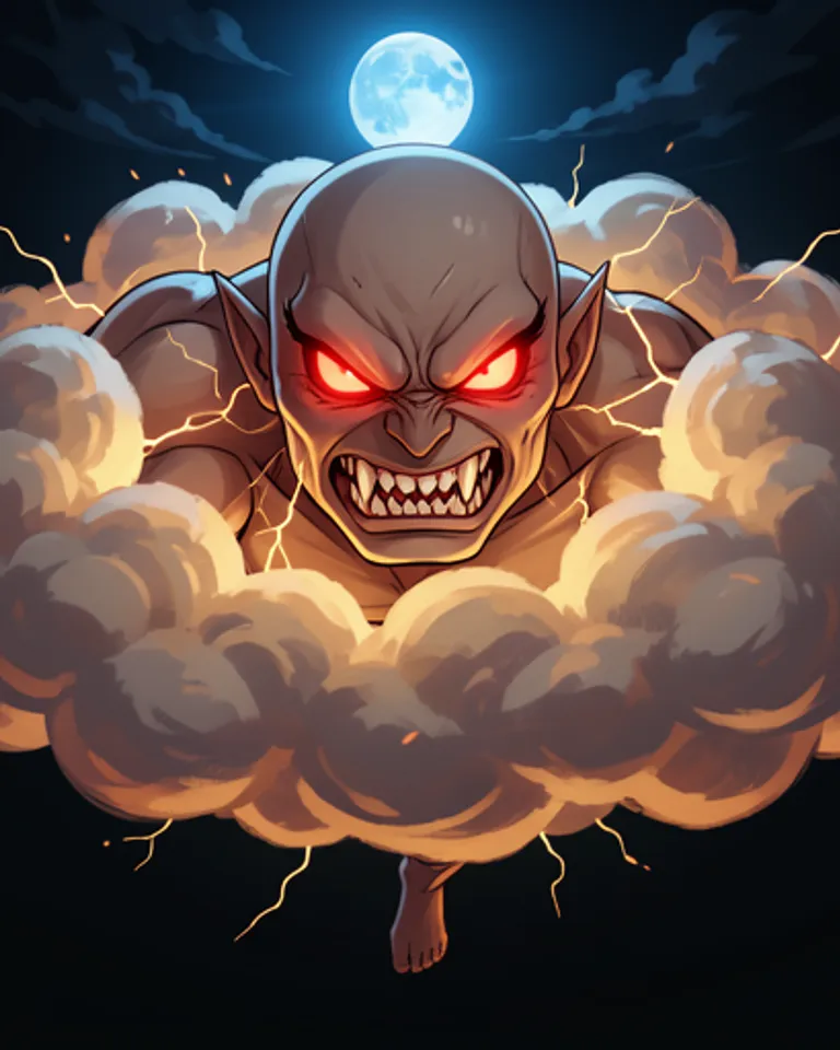 Portrait of Rage eyes & fangs in cloud. Legles