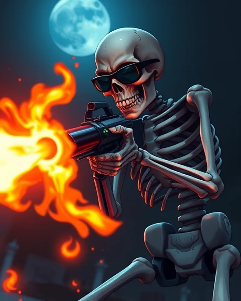 Portrait of The Gatling gun shoots fire