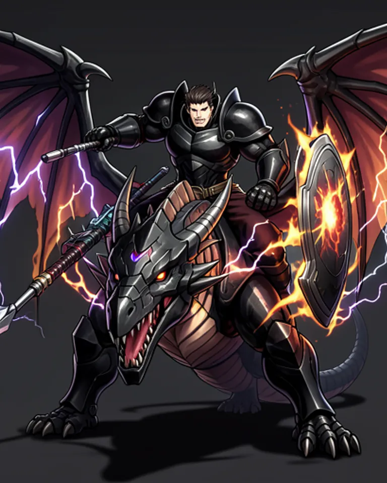 Portrait of Giant warrior riding cyber-dragon