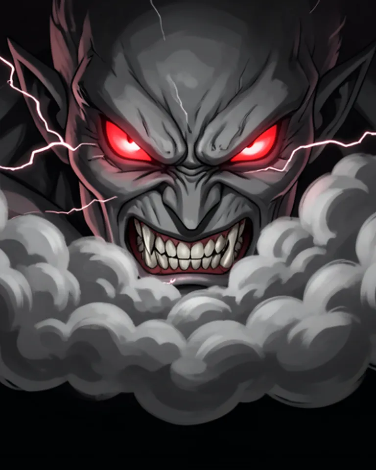Portrait of Rage eyes & teeth in cloud. Legles