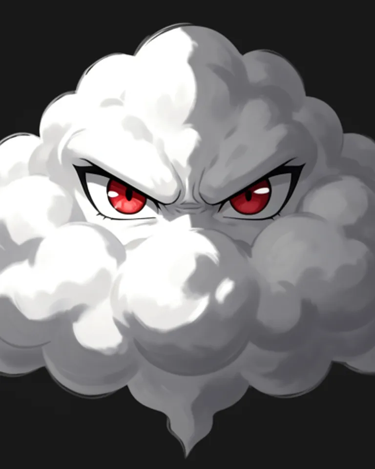 Portrait of Red eyes in cloud, no legs. Floats
