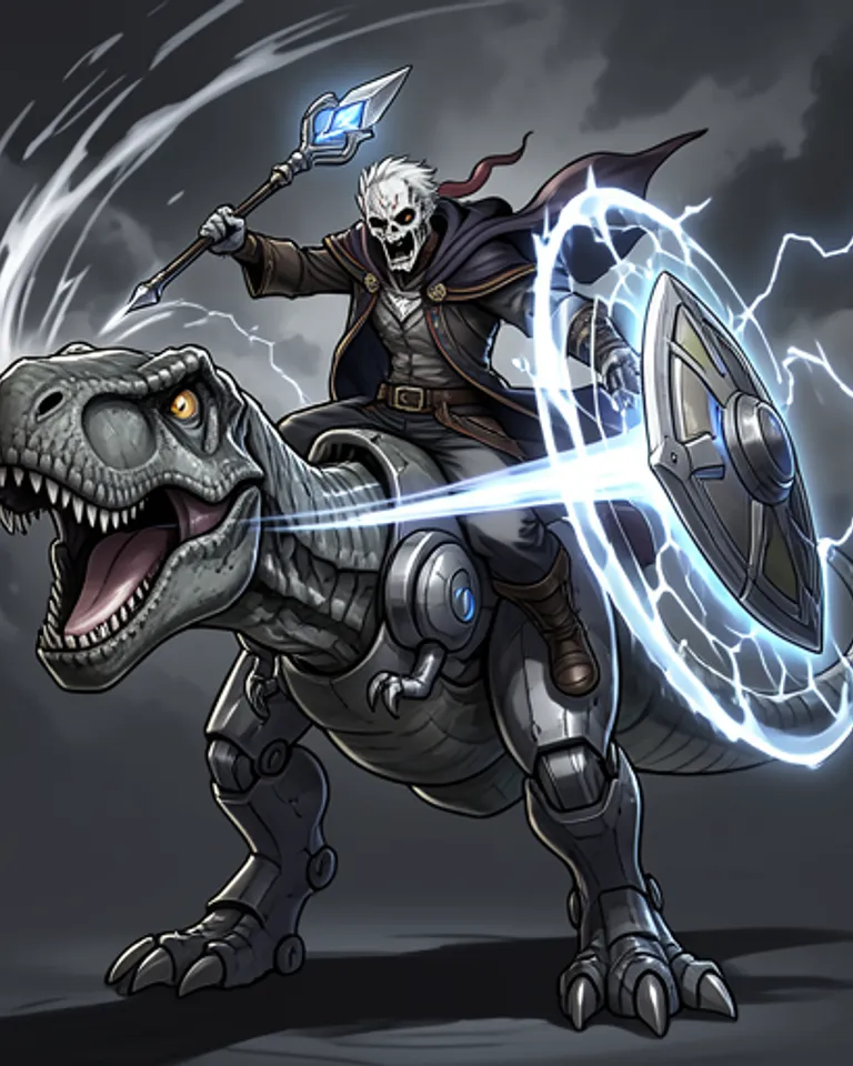 Portrait of Undead archmage riding robot trex