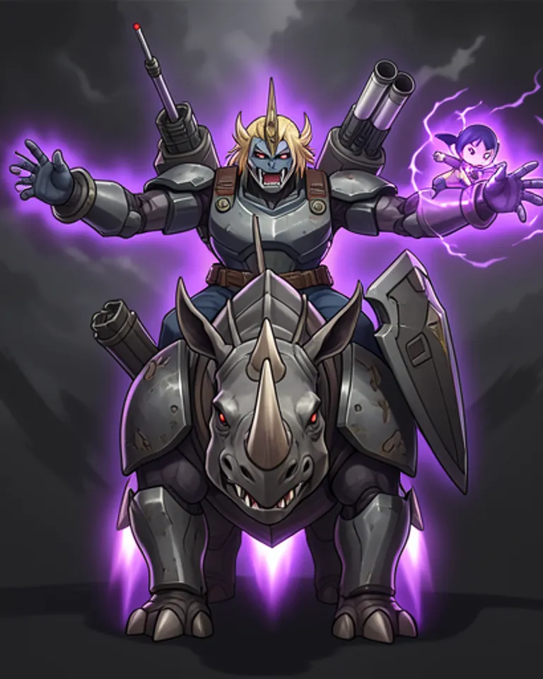 Portrait of Leviathan riding rhino with imp