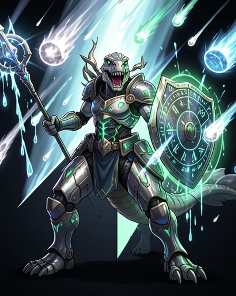 Portrait of Acidic meteor armored mage on trex