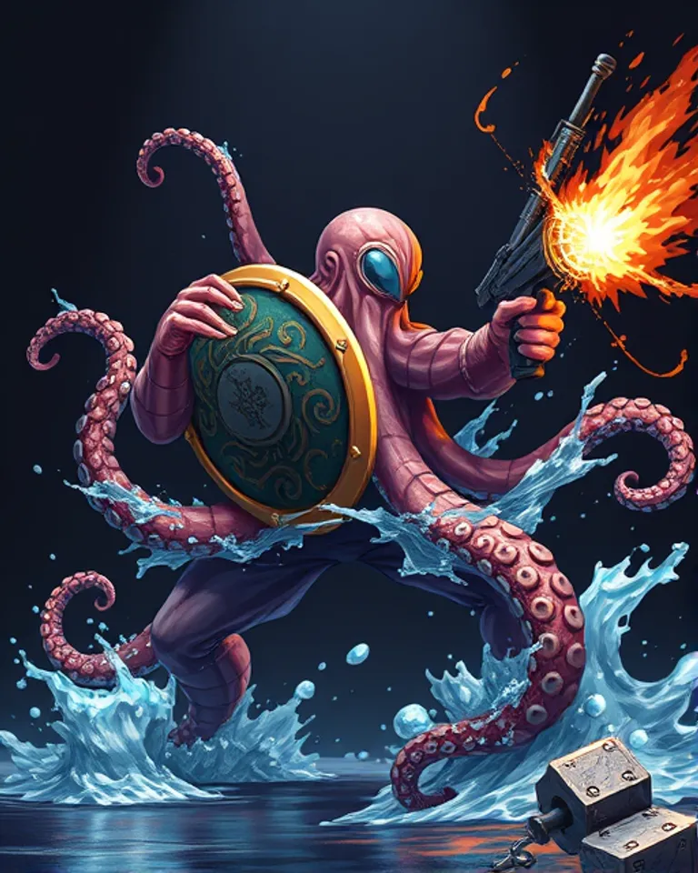 Portrait of Magic Octopus with Machine Gun