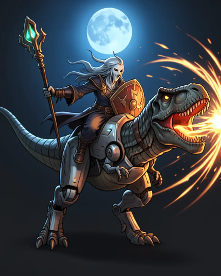Portrait of Lich archmage riding robot trex